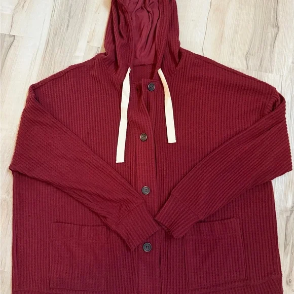 Button front Hoodie Red Ribbed Knit Soft Lounge Satin Ties with matching tank - Picture 2 of 7